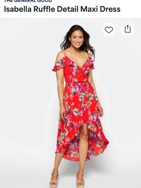 General Good Small Red Floral Ruffle High-Low Dress with Tie Waist